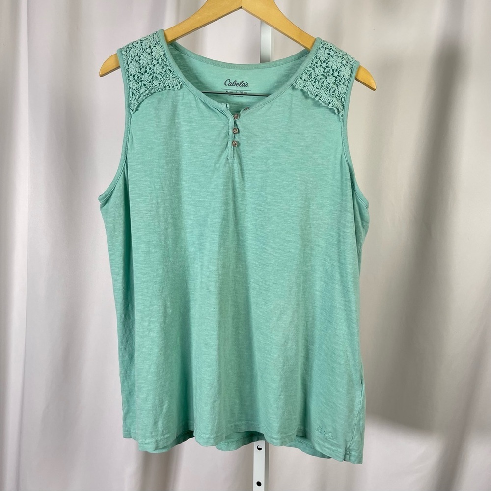 Cabela's XL Mint Green Crochet Accent Tank Top Boxy Flowy Boho Elegant